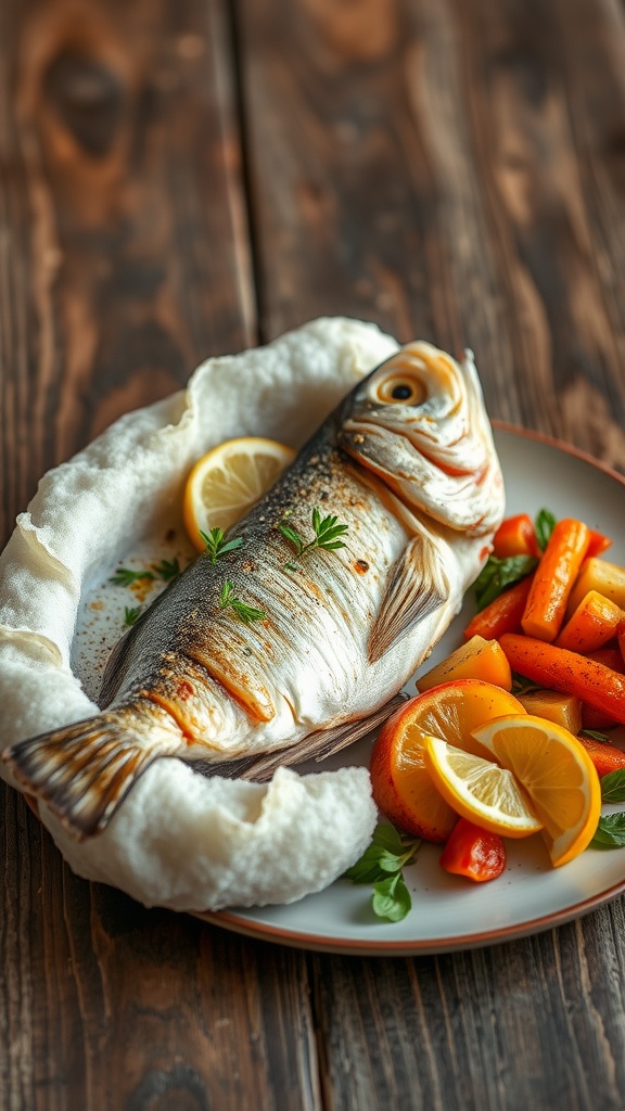 Baked sea bass in salt crust, cracked open to reveal tender fish, garnished with herbs and lemon, served with vegetables.